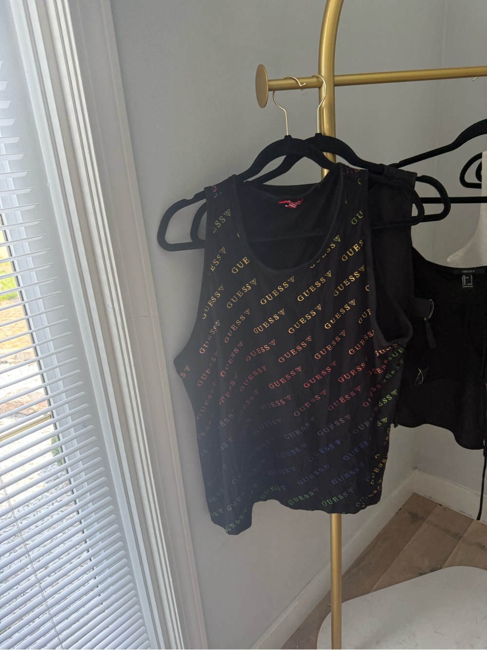 GUESS Black Tank Top with Rainbow Logo Script